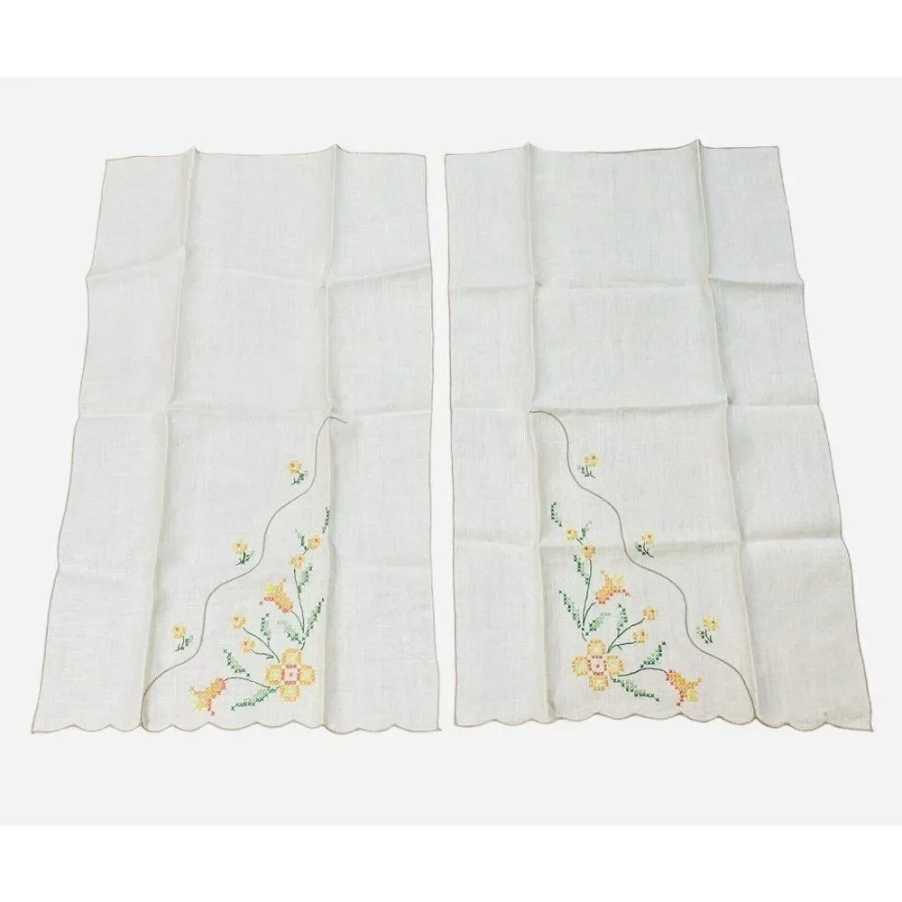 Vintage Embroidered Yellow Orange Flower Linen Tea Towels Set 2 Floral 19 x 12